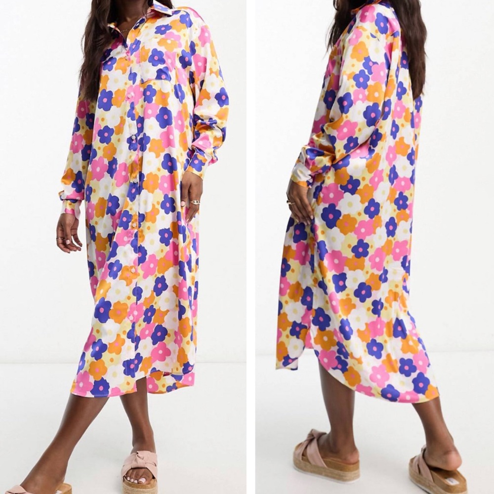 Asos Monki Maxi Satin Shirt Dress In Retro Floral Print